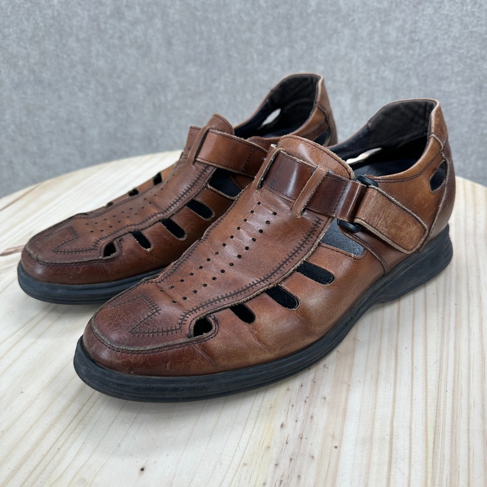 Calto Brown Leather Fisherman Sandals Hook Loop Strap Closed Toe Mens 9